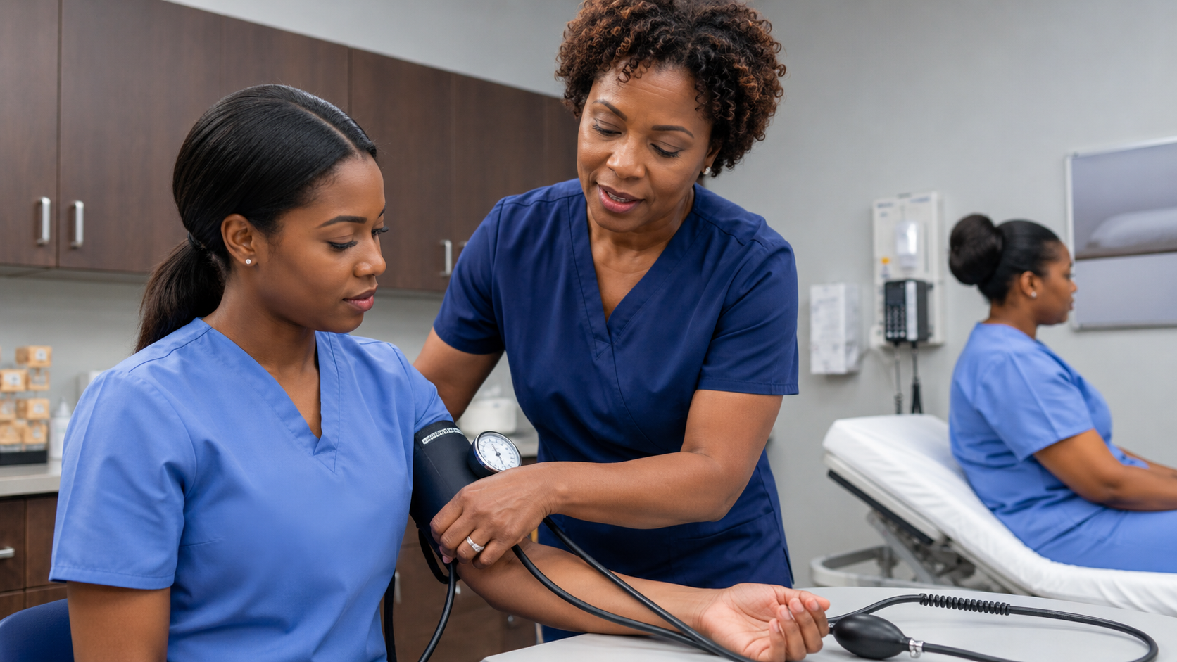 Medical instructor training a student on blood pressure technique